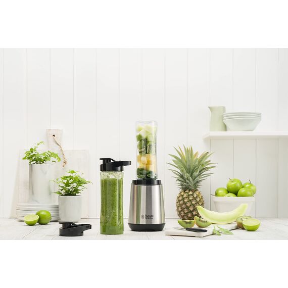 Russell Hobbs Mixer - Standmixer & Smoothie Maker to go [23.500 U/min Power-Motor] inkl. 2x Mixbehälter 600ml (BPA-frei, spülmaschinen- & bruchfest inkl. Deckel) Zerkleinerer, Edelstahl, 23470-56