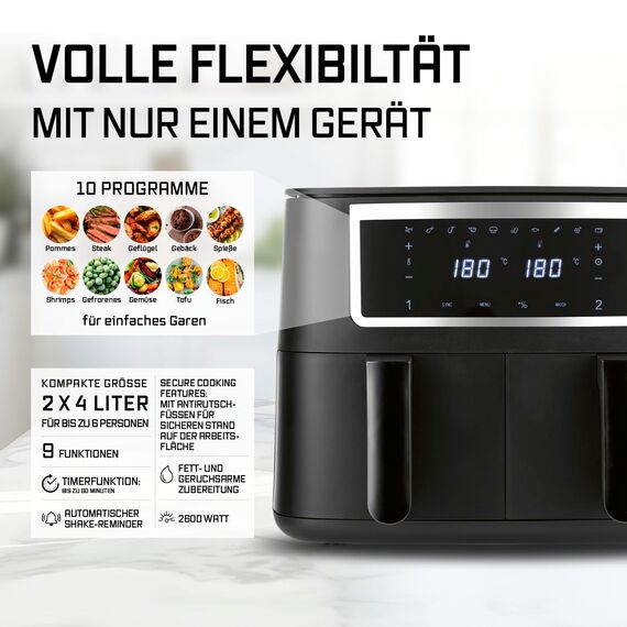 GOURMETmaxx Doppelkammer Heißluftfritteuse - 2 x 4 L | Synchro-Garzonen Airfryer | Fritteuse mit Touchscreen | Heißluftfritteuse 2 Kammern & 10 Programmen | fast ohne Öl frittieren