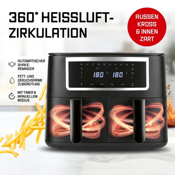 GOURMETmaxx Doppelkammer Heißluftfritteuse - 2 x 4 L | Synchro-Garzonen Airfryer | Fritteuse mit Touchscreen | Heißluftfritteuse 2 Kammern & 10 Programmen | fast ohne Öl frittieren