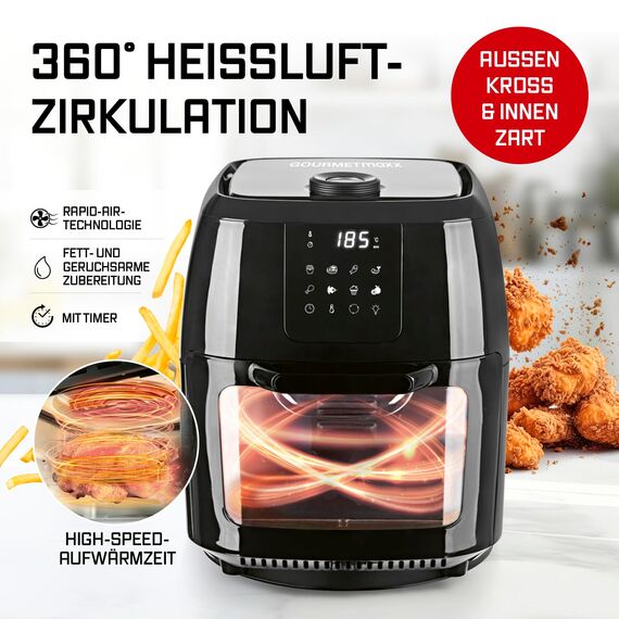 GOURMETmaxx Digitale Heißluftfritteuse XXL - 9L Ofen | Airfryer mit Timerfunktion, Touchdisplay, Drehspieß, Schaschlikspießen | fettarm, energiesparend frittieren | 8 Programme, 1800 W