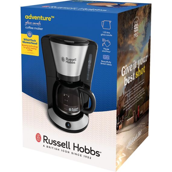 Russell Hobbs Kaffeemaschine [Brausekopf für optimale Extraktion&Aroma] Adventure (1 bis 10 Tassen, 1,25l Glaskanne,Warmhalteplatte, Abschaltautomatik,Tropf-Stopp, 1100W) Filterkaffeemaschine 24010-56