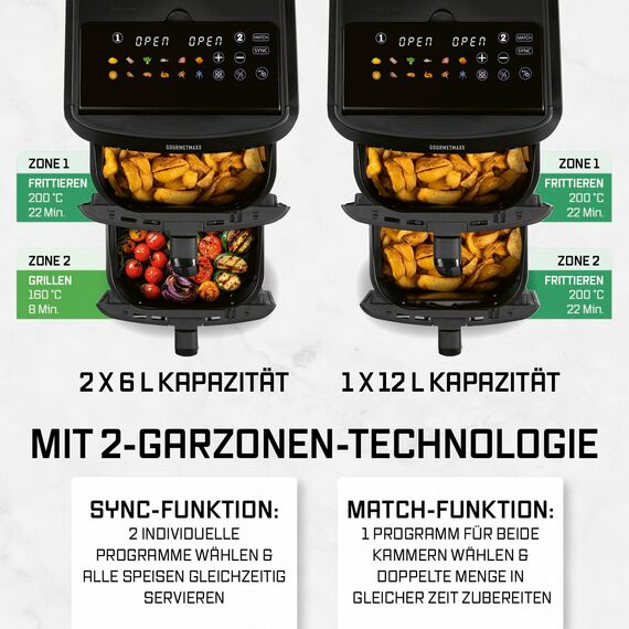 GOURMETmaxx FryUp XL vertikale Doppelkammer Heißluftfritteuse - 12 L | Airfryer mit 9,6 Zoll Multi-Colour LED-Touchdisplay & 12 Programmen | Heißluftfritteuse 2 Kammern | SYNC- & MATCH-Funktion