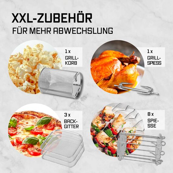 GOURMETmaxx Digitale Heißluftfritteuse XXL - 9L Ofen | Airfryer mit Timerfunktion, Touchdisplay, Drehspieß, Schaschlikspießen | fettarm, energiesparend frittieren | 8 Programme, 1800 W
