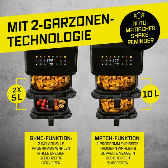 GOURMETmaxx FryUp vertikale Doppelkammer Heißluftfritteuse - 10 L | Airfryer mit 9,8 Zoll Multi-Colour LED-Touchdisplay & 11 Programmen | Heißluftfritteuse 2 Kammern mit Oberhitze