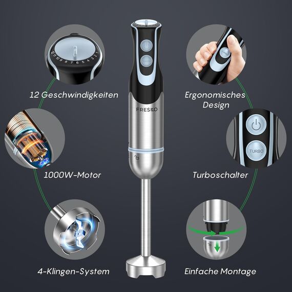 FRESKO 4-in-1 Stabmixer Edelstahl, 1000W Pürierstab mit 12 Geschwindigkeiten und Turbo-Modi, Inklusive Schneebesen, 500ml Lebensmittelhacker und 700ml Messbecher, für Babynahrung, Suppe, Smoothies