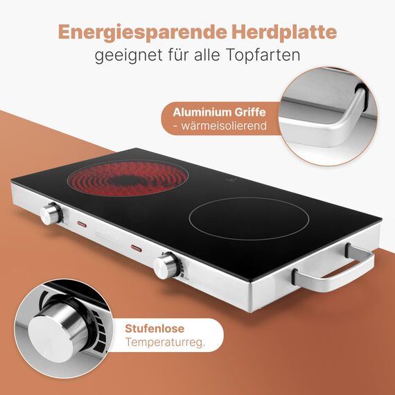 ProfiCook® Infrarot-Doppelkochplatte | Energiesparende Herdplatte mit zwei Feldern | Kochfeld aus kratzfester Glaskeramik | Kochplatte für alle Topfarten | Doppelkochplatte 2800 W | PC-DKP 1211