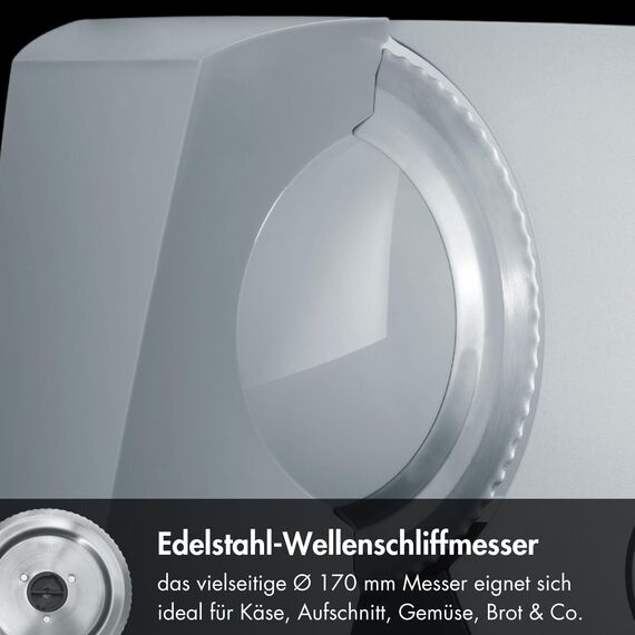 GRAEF. G50 - Elektrischer Allesschneider, Made in Germany, Edelstahl-Wellenschliffmesser Ø 170 mm, Schnittstärke 0-20 mm, Energiesparmotor 170 W, Kindersicherung, Platzsparendes Design, Grau