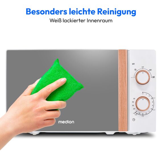 MEDION Mikrowelle klein (Holzoptik, Freistehend, 20 Liter, 700 Watt, Verspiegelte Tür, 5 Leistungsstufen, Auftaufunktion, Zeitschaltuhr, MD10596) weiß