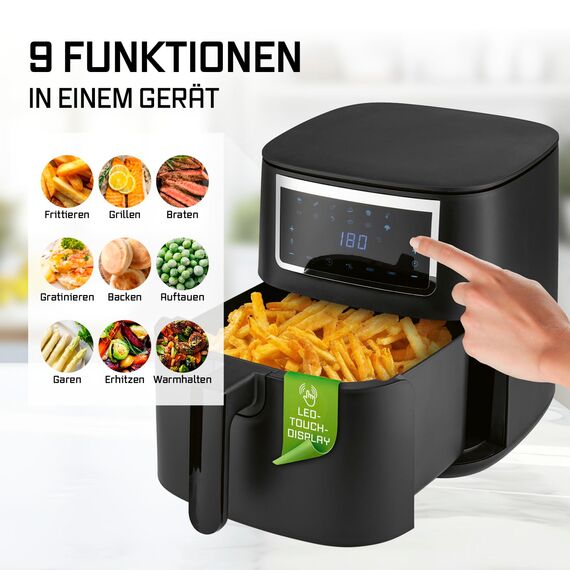 GOURMETmaxx Heißluftfritteuse 6,5 L Airfryer | Fritteuse mit Touchscreen, 9 Funktionen, 11 Programme | Minibackofen – fast ohne Öl braten | Airfryer Zubehör spülmaschinengeeignet