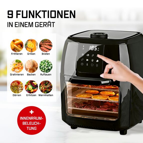 GOURMETmaxx Digitale Heißluftfritteuse XXL - 9L Ofen | Airfryer mit Timerfunktion, Touchdisplay, Drehspieß, Schaschlikspießen | fettarm, energiesparend frittieren | 8 Programme, 1800 W