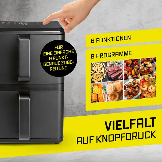 GOURMETmaxx FryUp vertikale Doppelkammer Heißluftfritteuse - 10 L | Airfryer mit 9,8 Zoll Multi-Colour LED-Touchdisplay & 11 Programmen | Heißluftfritteuse 2 Kammern mit Oberhitze