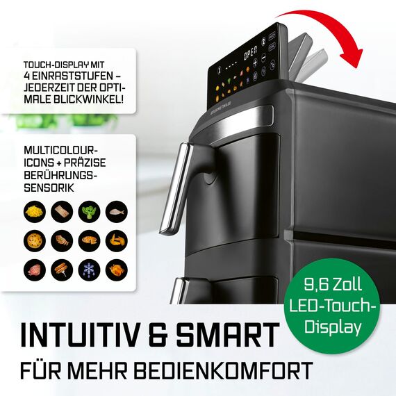 GOURMETmaxx FryUp XL vertikale Doppelkammer Heißluftfritteuse - 12 L | Airfryer mit 9,6 Zoll Multi-Colour LED-Touchdisplay & 12 Programmen | Heißluftfritteuse 2 Kammern | SYNC- & MATCH-Funktion