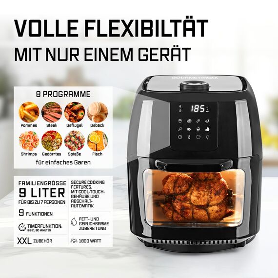 GOURMETmaxx Digitale Heißluftfritteuse XXL - 9L Ofen | Airfryer mit Timerfunktion, Touchdisplay, Drehspieß, Schaschlikspießen | fettarm, energiesparend frittieren | 8 Programme, 1800 W