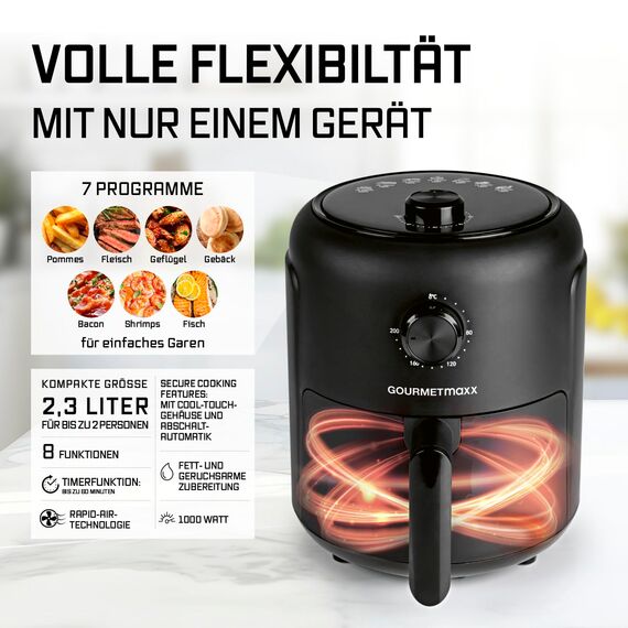 GOURMETmaxx Heißluftfritteuse | 2,3L Airfryer mit Timer, Touchscreen | Fritteuse mit 8 Funktionen & 7 Programmen | Energiesparend frittieren, nahezu ohne Öl | Minibackofen - 1000 W