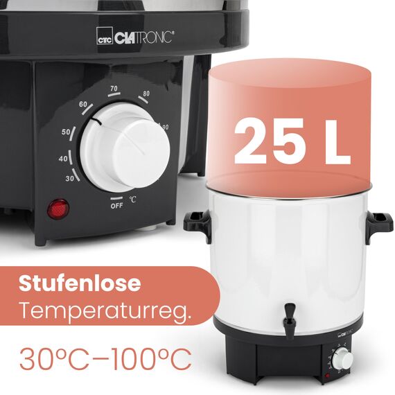 Clatronic® 2in1 Heißgetränke- & Einkochautomat mit 25L Tankinhalt | Einkochtopf für z.B. Glühwein oder Punsch | Glühweinkocher mit Emaillierung & integriertem Ablaufzapfhahn | 1800W | EKA 3338