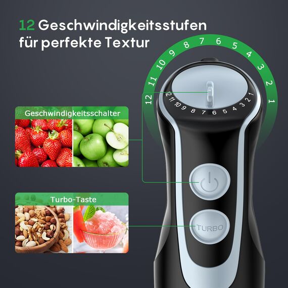 FRESKO 4-in-1 Stabmixer Edelstahl, 1000W Pürierstab mit 12 Geschwindigkeiten und Turbo-Modi, Inklusive Schneebesen, 500ml Lebensmittelhacker und 700ml Messbecher, für Babynahrung, Suppe, Smoothies