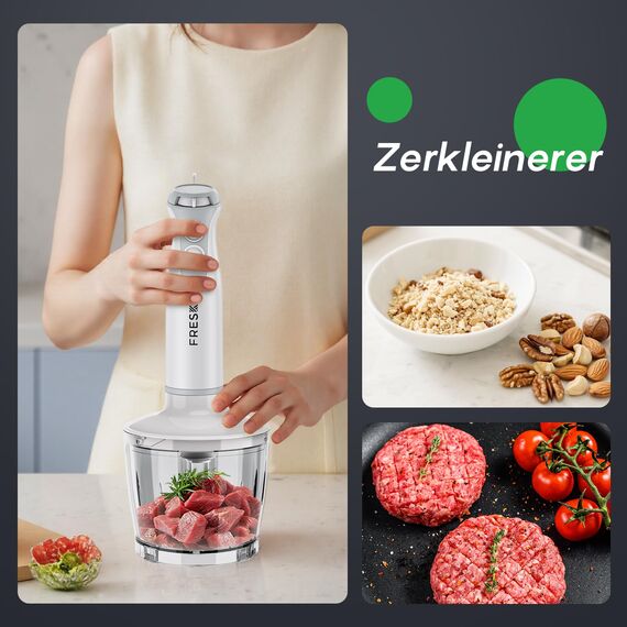 FRESKO 4-in-1 Stabmixer, 1000W Pürierstab Edelstahl, Stufenlose Geschwindigkeitssteuerung und Turbo, Inkl. 500ml Lebensmittelhacker und 700ml Messbecher, für Babynahrung, Suppen, Smoothies, Weiß