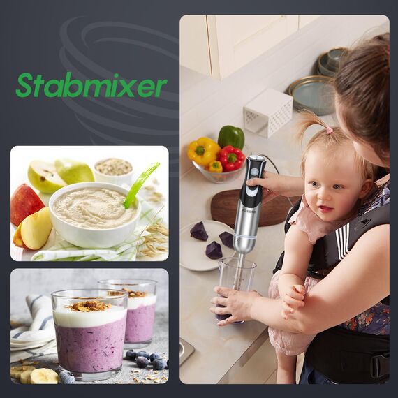 FRESKO 4-in-1 Stabmixer Edelstahl, 1000W Pürierstab mit 12 Geschwindigkeiten und Turbo-Modi, Inklusive Schneebesen, 500ml Lebensmittelhacker und 700ml Messbecher, für Babynahrung, Suppe, Smoothies