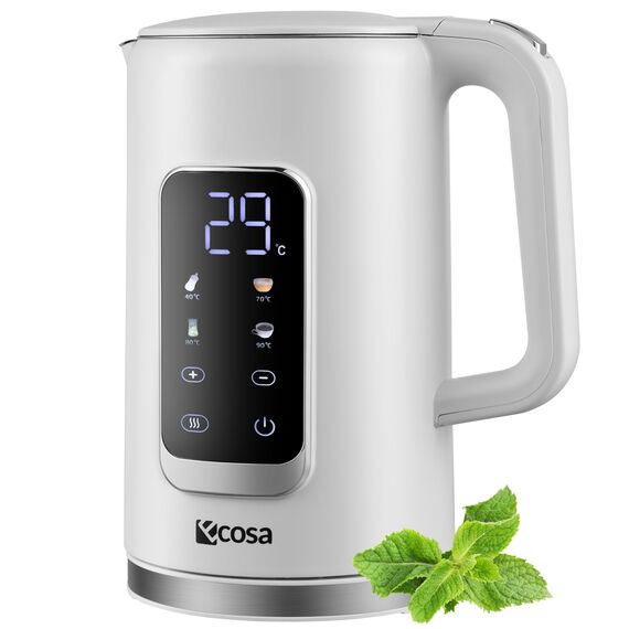 Wasserkocher Edelstahl mit Temperatureinstellung (40°C-100°C) 1,7 Liter 2200 Watt Teekocher 100% BPA FREI Warmhaltefunktion LED Display mit Temperaturwahl Wasser Kocher Water Kettle (Wanda White)