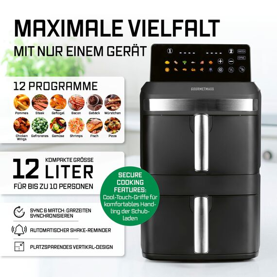 GOURMETmaxx FryUp XL vertikale Doppelkammer Heißluftfritteuse - 12 L | Airfryer mit 9,6 Zoll Multi-Colour LED-Touchdisplay & 12 Programmen | Heißluftfritteuse 2 Kammern | SYNC- & MATCH-Funktion