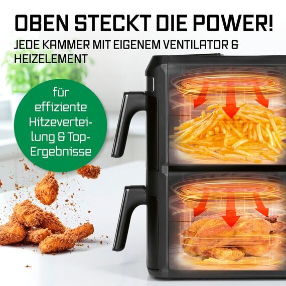 GOURMETmaxx FryUp XL vertikale Doppelkammer Heißluftfritteuse - 12 L | Airfryer mit 9,6 Zoll Multi-Colour LED-Touchdisplay & 12 Programmen | Heißluftfritteuse 2 Kammern | SYNC- & MATCH-Funktion