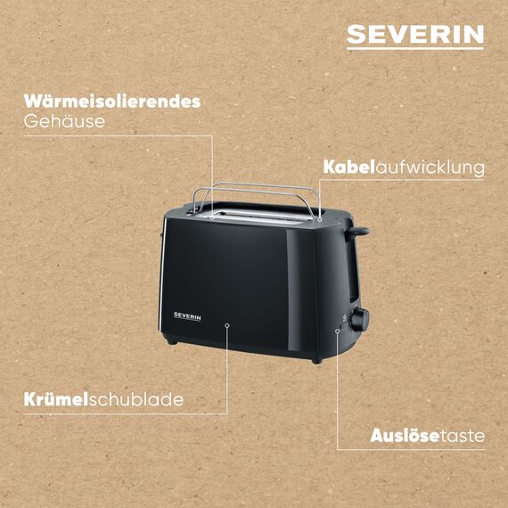 SEVERIN Automatik-Toaster, Toastgerät mit Brötchenaufsatz, hochwertig, mit Krümelschublade und 700 W Leistung, schwarz, AT 2287