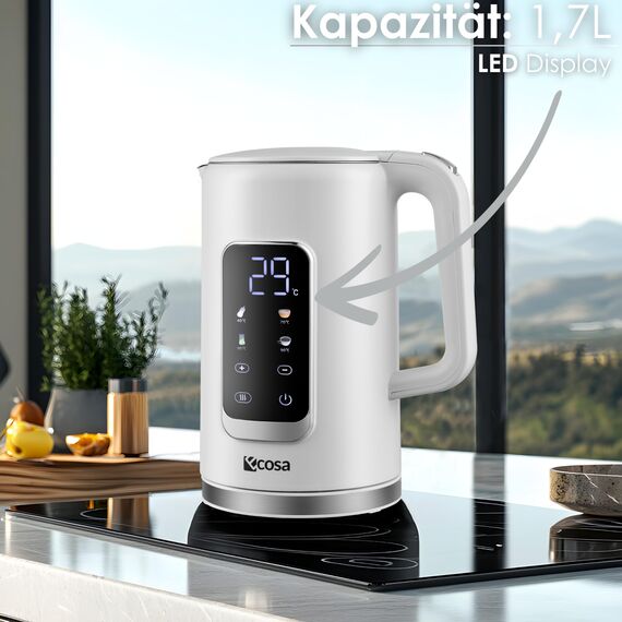 Wasserkocher Edelstahl mit Temperatureinstellung (40°C-100°C) 1,7 Liter 2200 Watt Teekocher 100% BPA FREI Warmhaltefunktion LED Display mit Temperaturwahl Wasser Kocher Water Kettle (Wanda White)