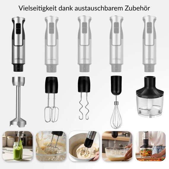 Lehmann Chowmei Stabmixer Set 1200 W | Pürierstab mit Turbofunktion und Geschwindigkeitsregelung | Elektrische Multifunktions Hand Blender | inkl. 6-teiliges Zubehör Set