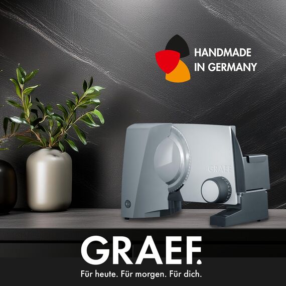GRAEF. G50 - Elektrischer Allesschneider, Made in Germany, Edelstahl-Wellenschliffmesser Ø 170 mm, Schnittstärke 0-20 mm, Energiesparmotor 170 W, Kindersicherung, Platzsparendes Design, Grau