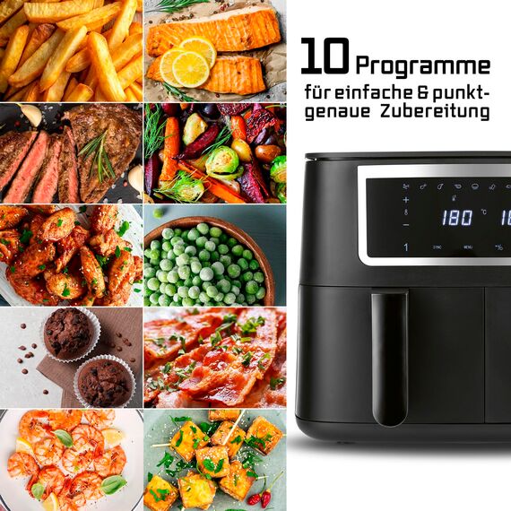 GOURMETmaxx Doppelkammer Heißluftfritteuse - 2 x 4 L | Synchro-Garzonen Airfryer | Fritteuse mit Touchscreen | Heißluftfritteuse 2 Kammern & 10 Programmen | fast ohne Öl frittieren