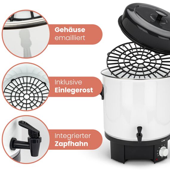 Clatronic® 2in1 Heißgetränke- & Einkochautomat mit 25L Tankinhalt | Einkochtopf für z.B. Glühwein oder Punsch | Glühweinkocher mit Emaillierung & integriertem Ablaufzapfhahn | 1800W | EKA 3338