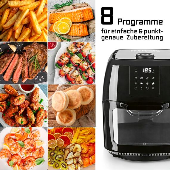 GOURMETmaxx Digitale Heißluftfritteuse XXL - 9L Ofen | Airfryer mit Timerfunktion, Touchdisplay, Drehspieß, Schaschlikspießen | fettarm, energiesparend frittieren | 8 Programme, 1800 W