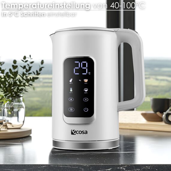 Wasserkocher Edelstahl mit Temperatureinstellung (40°C-100°C) 1,7 Liter 2200 Watt Teekocher 100% BPA FREI Warmhaltefunktion LED Display mit Temperaturwahl Wasser Kocher Water Kettle (Wanda White)