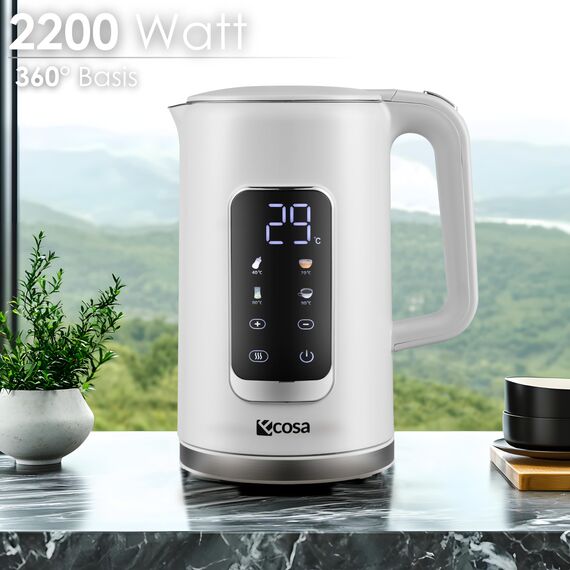 Wasserkocher Edelstahl mit Temperatureinstellung (40°C-100°C) 1,7 Liter 2200 Watt Teekocher 100% BPA FREI Warmhaltefunktion LED Display mit Temperaturwahl Wasser Kocher Water Kettle (Wanda White)