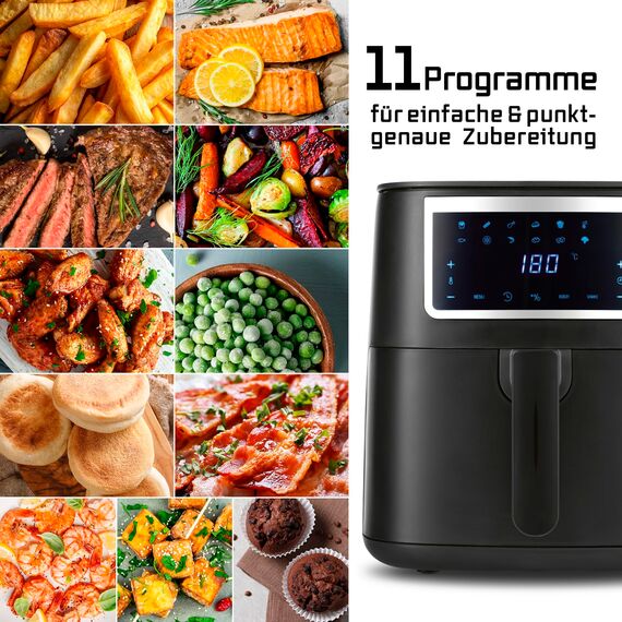 GOURMETmaxx Heißluftfritteuse 6,5 L Airfryer | Fritteuse mit Touchscreen, 9 Funktionen, 11 Programme | Minibackofen – fast ohne Öl braten | Airfryer Zubehör spülmaschinengeeignet
