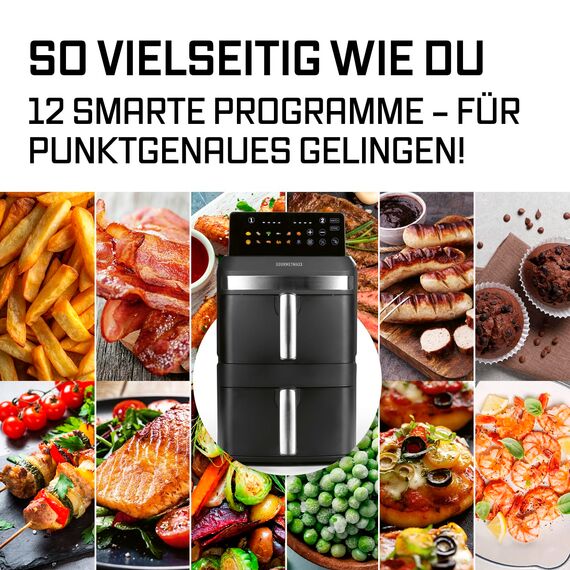 GOURMETmaxx FryUp XL vertikale Doppelkammer Heißluftfritteuse - 12 L | Airfryer mit 9,6 Zoll Multi-Colour LED-Touchdisplay & 12 Programmen | Heißluftfritteuse 2 Kammern | SYNC- & MATCH-Funktion
