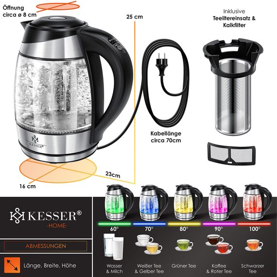 KESSER® Wasserkocher 1,8L Edelstahl mit LED Beleuchtung-Farbe je nach Temperaturwahl 60, 70, 80, 90, 100 °C | Glaswasserkocher, Platzsparend, Warmhaltefunktion inkl. Teesieb-Einsatz und Kalk-Filter