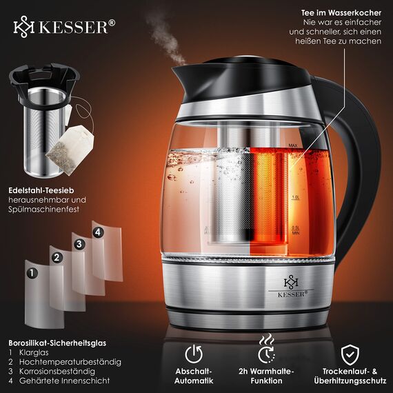 KESSER® Wasserkocher 1,8L Edelstahl mit LED Beleuchtung-Farbe je nach Temperaturwahl 60, 70, 80, 90, 100 °C | Glaswasserkocher, Platzsparend, Warmhaltefunktion inkl. Teesieb-Einsatz und Kalk-Filter