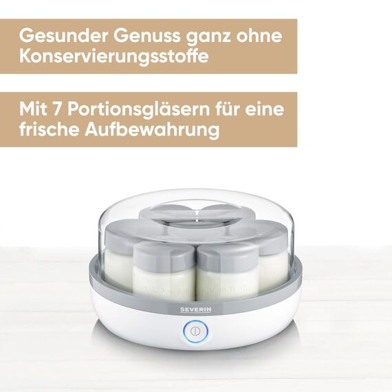 SEVERIN Joghurtbereiter, Joghurtmaschine mit Zeitanzeige zum Herstellen von selbstgemachtem und veganem Joghurt, griechischer Art, 7 Gläser mit Deckel aus Glas je 150ml, weiß, JG 3518