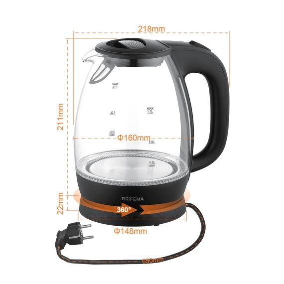 GRIFEMA Wasserkocher Glas 1.7L, 2200W - Elektrisch mit Kalkfilter, Kettle Leise, Schnell, Kabellos, Kitchen aid Wasserkocher BPA-Frei, Automatische Abschaltung, Überhitzungsschutz