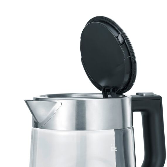 SEVERIN Glas Wasserkocher, 1,0L, leistungsstark und kompakt in hochwertigem Design, elektrischer Wasserkocher mit Kalkfilter, Edelstahl/schwarz, WK 3468