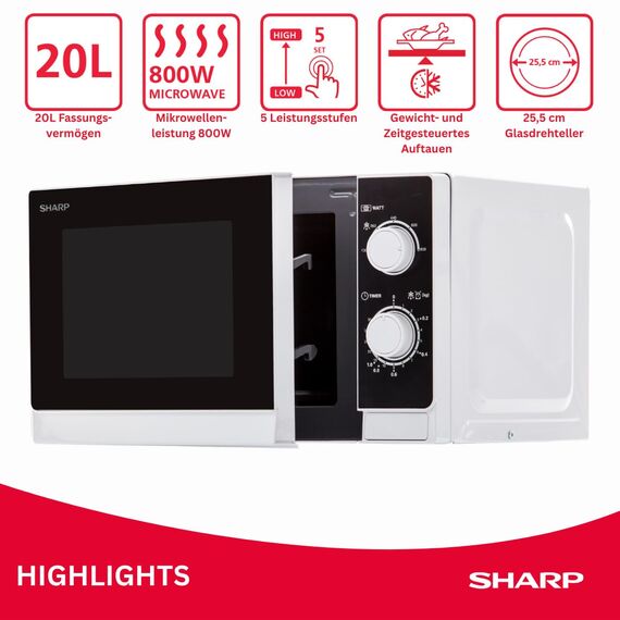 Sharp R200WW Solo-Mikrowelle / 20 L / 800 W / 5 Leistungsstufen/Timer Von 35 Minuten Bis 00 Sekunden/Gewichtgesteuertes Auftauen/Energiesparmodus/Glasdrehteller (25,5 Cm) / WeiÃŸ