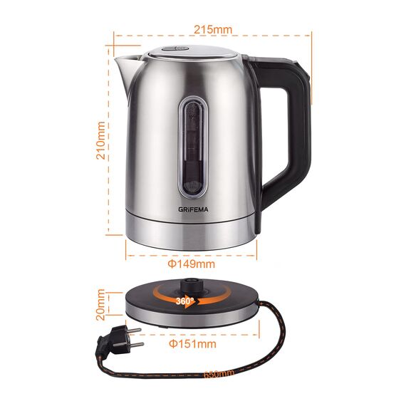 GRIFEMA Wasserkocher Edelstahl 1.7L, 2200W - Teekocher Elektrisch mit Kalkfilter, Kettle Leise, Schnell, Kabellos, Kitchen aid Wasserkocher BPA-Frei, Automatische Abschaltung, Überhitzungsschutz
