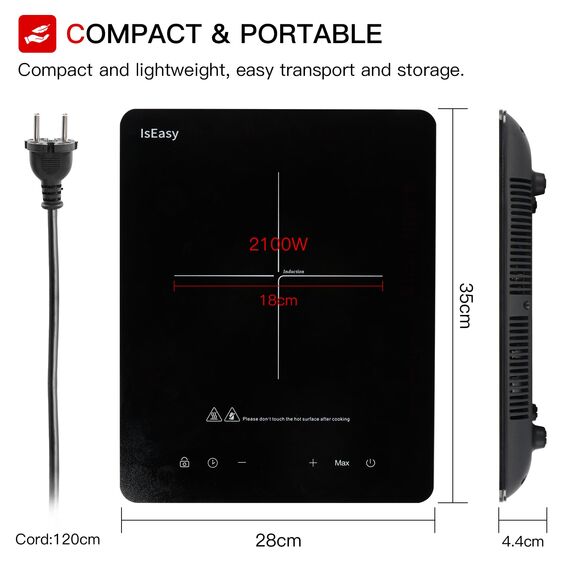 Induktionskochplatte, IsEasy Induktionskochfeld 1 Platte 2100W, 28cm Kochplatte, Tragbares Induktionskochfeld, 9 Heizstufen, 8-Stunden-Timer, Touch-Steuerung, Booster-Funktion, Schwarz, 220-240V