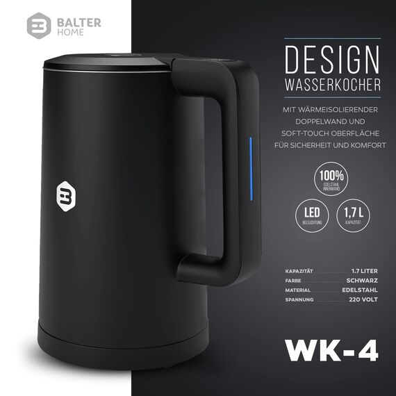 Balter Edelstahl Wasserkocher mit Temperatureinstellung, 40°C-100°C, Doppelwand, BPA frei, elektrischer Wasserkocher, Teekocher Kompakt, 1,7L, 2200W, leise, Schwarz
