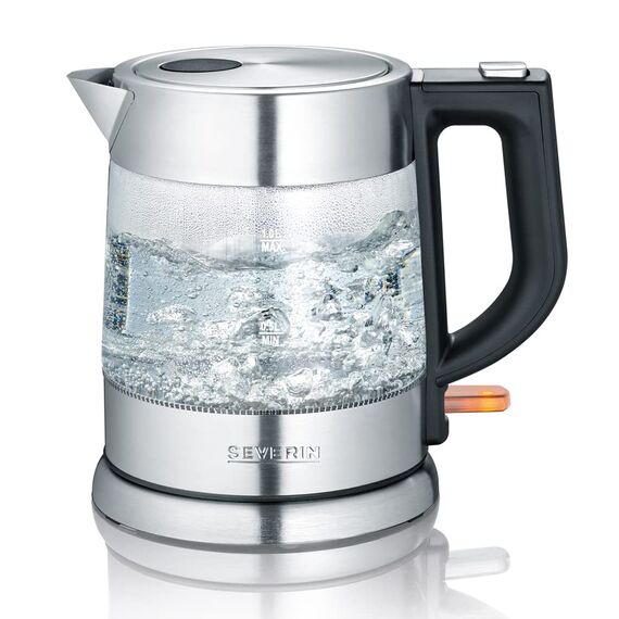 SEVERIN Glas Wasserkocher, 1,0L, leistungsstark und kompakt in hochwertigem Design, elektrischer Wasserkocher mit Kalkfilter, Edelstahl/schwarz, WK 3468