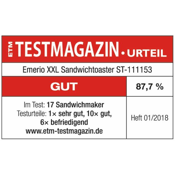 Emerio XXL Sandwich Toaster TEST GUT für alle Toastgrößen geeignet 4x große Muschelform für die ganze Familie Käse läuft nicht aus kein Verschmieren BPA frei 1300 Watt Sandwichmaker 4er