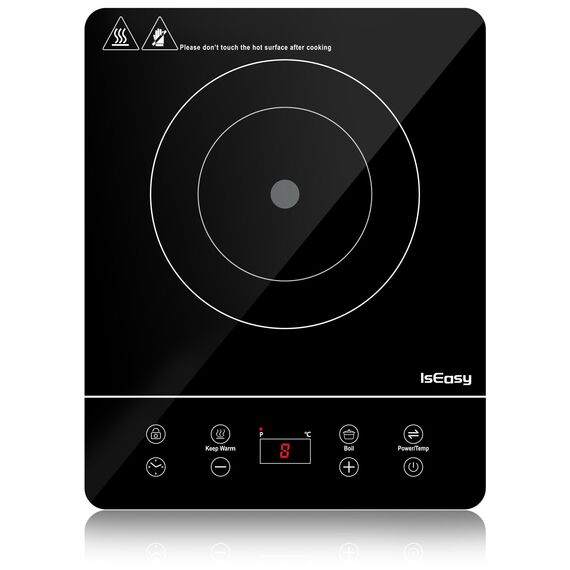 IsEasy Induktionskochfeld 1 Platte, Einzel Induktionskochplatte 2100W, 9 Leistungsstufen, 9 Temperatureinstellungen, 28cm Induktionskochfeld mit 8-Stunden-Timer, Kindersicherung, Schwarz, 220-240V