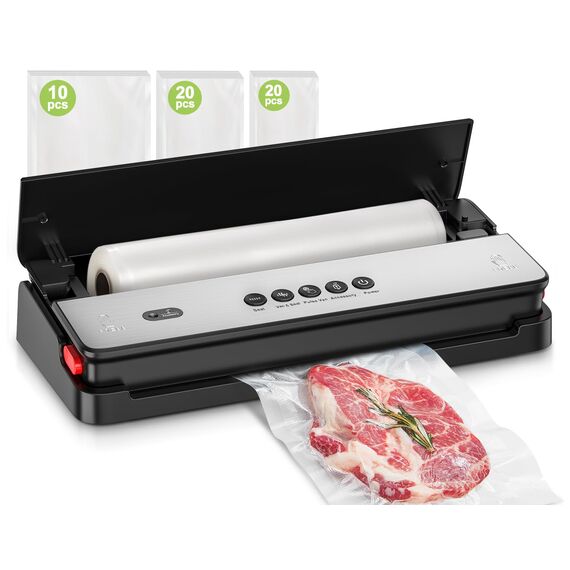 Bonsenkitchen Vakuumiergerät, für Trockene und Feuchte Lebensmittel Vakuumierer mit Eingebauter Cutter, 1 Rolle Folienbeutel, 50 Profi-Folienbeutel