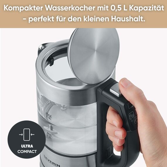 SEVERIN Digitaler Mini Glas Wasserkocher, kompakter Wasserkocher mit Temperaturauswahl, elektrisch, mit Kalkfilter, 0,5L, Edelstahl-gebürstet, Glas, schwarz, WK 3458